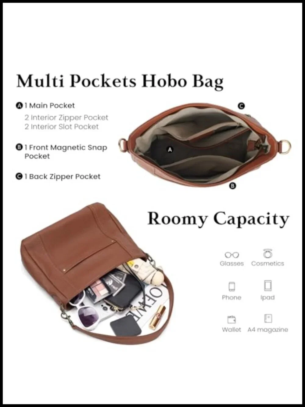 Genuine Leather Hobo Crossbody Bag with 2 Straps